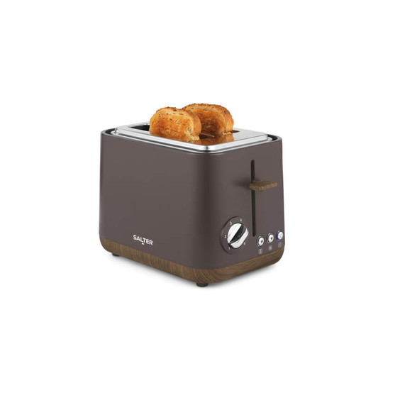 Brown two-slice toaster with toasted bread, wood-effect accents, front view.
