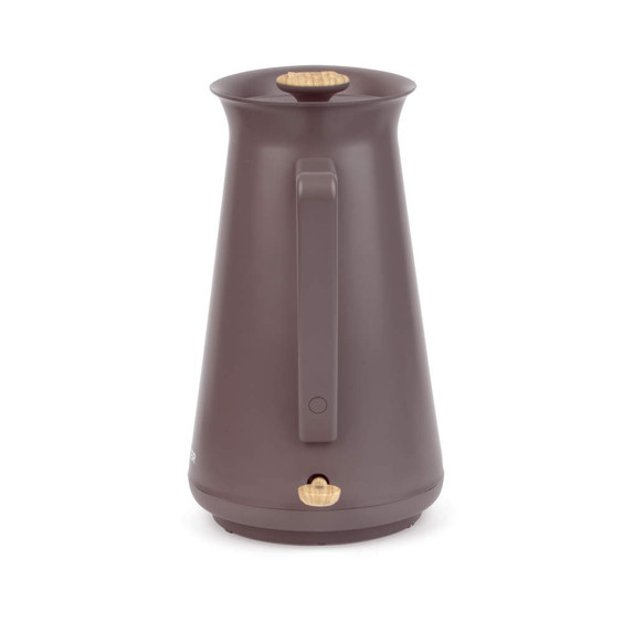 Brown electric kettle with wooden handle accents, shown from the back.