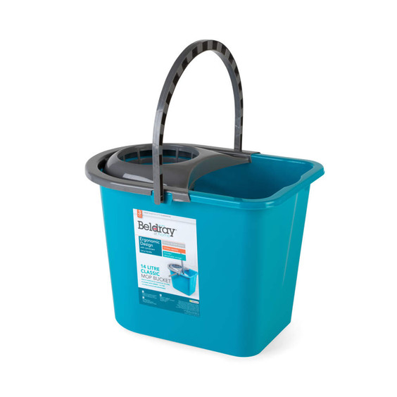 Blue 14 litre mop bucket with grey handle and integrated wringer