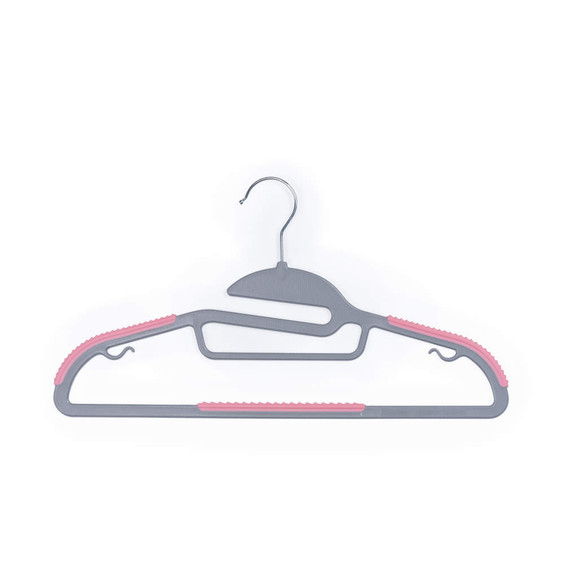 Grey clothes hanger with pink non-slip grips