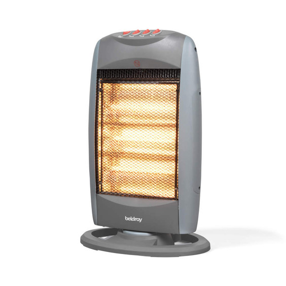 Grey electric halogen heater with mesh grill, front view, unit switched on