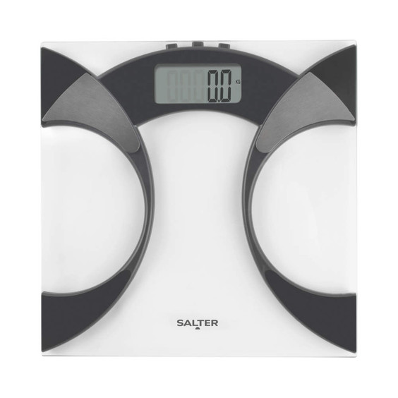 Glass digital bathroom scale with black accents and large display, showing 0.0 kg