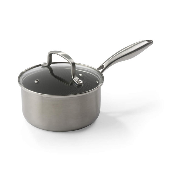 Silver saucepan with glass lid shown at an angle