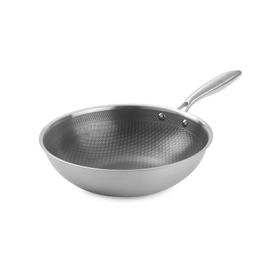 Silver non-stick wok pan with textured interior, shown at an angle