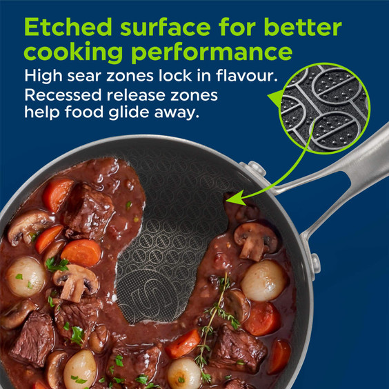 Non-stick silver frying pan with etched surface and cooked stew, highlighting sear and release zones