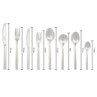 Stainless steel cutlery set, eight pieces in assorted sizes, displayed with measurements.
