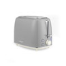 Grey two-slice toaster with toasted bread, side angle