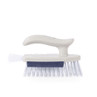 White handheld scrubbing brush with stiff bristles and ergonomic handle