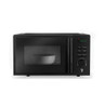 Black microwave with digital timer, shown from above with door open