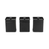 Set of three black metal storage canisters with lids, shown side by side.