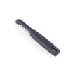 Black-handled straight vegetable peeler on white background