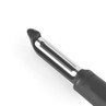 Black-handled straight vegetable peeler on white background