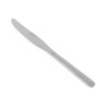 Stainless steel table knife with a smooth handle, angled on white background