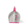 Grey and pink dustpan and brush set, brush fits inside pan, shown from above