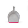 Grey plastic dustpan with pink rubber edge, shown side view.
