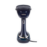 Navy handheld garment steamer, front view with cord attached