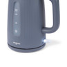 Blue electric kettle with water level window and illuminated power switch, side view