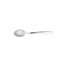 Stainless steel dessert spoon with curved handle shown on white background