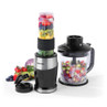 Black and silver blender set with smoothie cup, jug, and assorted fruit and veg