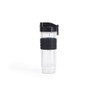 Clear sports water bottle with black flip-top lid and grip band