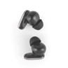 Pair of black wireless earbuds with silicone tips, shown on white background