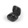 Black wireless earbuds charging case open, empty, shown at angle