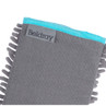 Grey microfibre cleaning mitt with blue trim and Beldray label, close-up.