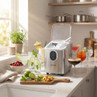 Silver Salter ice maker on kitchen counter with fresh drinks and fruit, sunshine through window