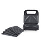 Black sandwich toaster with closed lid, shown at angle