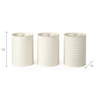 Set of three cream storage canisters for tea, coffee, and sugar, ribbed design, 15cm high.