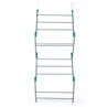 Foldable grey clothes airer with turquoise joints, shown upright