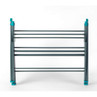 Foldable grey clothes airer with turquoise corner clips, shown from the front.