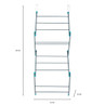 Foldable grey clothes airer with blue fittings, shown upright with dimensions 130 x 50 x 25 cm