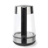 Glass electric kettle with stainless steel base and black handle, shown from the back.