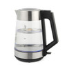 Glass electric kettle with black handle and stainless steel accents, shown filled with water