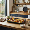 Oven tray with roasted vegetables, shown in a home kitchen.