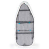 Underside of ironing board with mesh panel and foldable grey metal legs