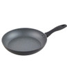 Grey non-stick frying pan with black handle, shown angled on white background