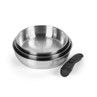 Set of three stainless steel mixing bowls with detachable black handle.