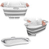 Grey and white collapsible laundry basket shown open, carried and folded flat