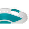 Close-up of teal and white plastic laundry basket handle