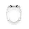 White plastic toilet seat, open front, top fixings visible