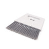Grey handheld dustpan brush with soft bristles, angled for cleaning surfaces.