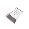Grey dustpan and brush set with soft bristles, viewed top down