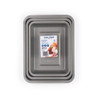 Set of three grey rectangular roasting tins, nested, for oven cooking.