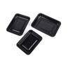 Set of three black non-stick roasting tins in assorted sizes on white background