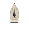 Gold steam iron soleplate, vertical view showing Beldray logo and steam holes