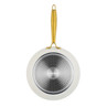 Cream frying pan with gold handle shown from base, Salter branding visible.