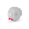 Wall-mounted retractable washing line with pink hooks, shown in white plastic casing
