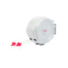 Wall-mounted retractable washing line with white case and pink hooks, two lines extended.